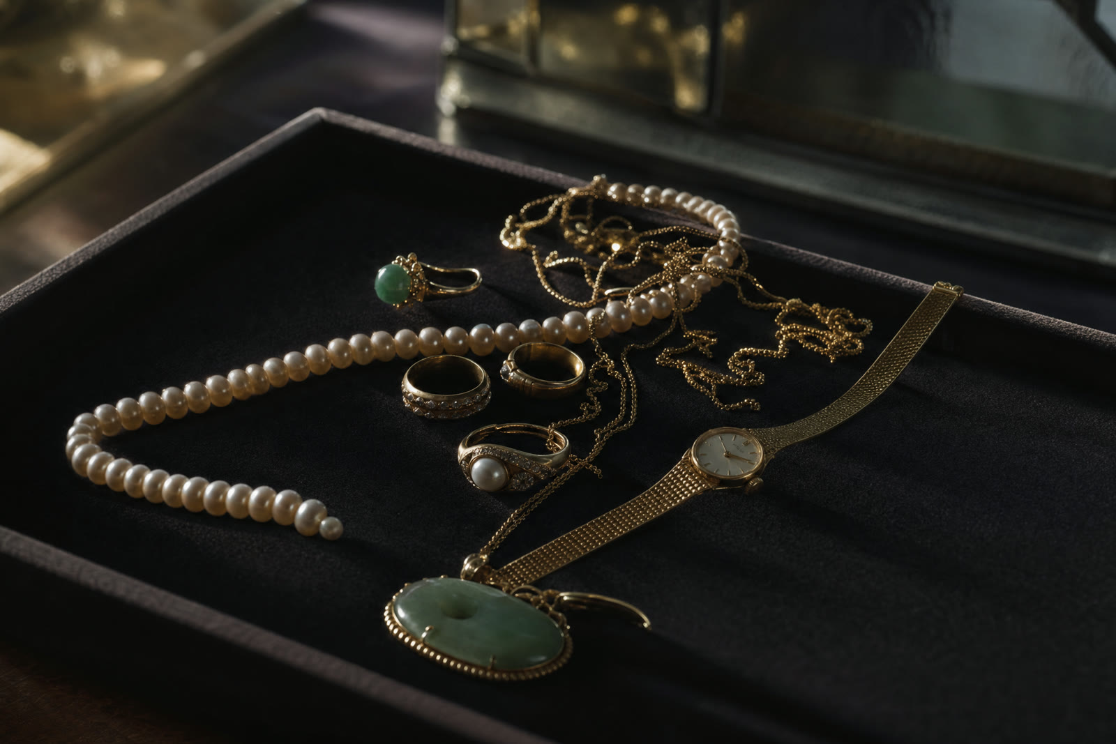 Gold-toned chains, rings and bracelets gathered in a shallow dish