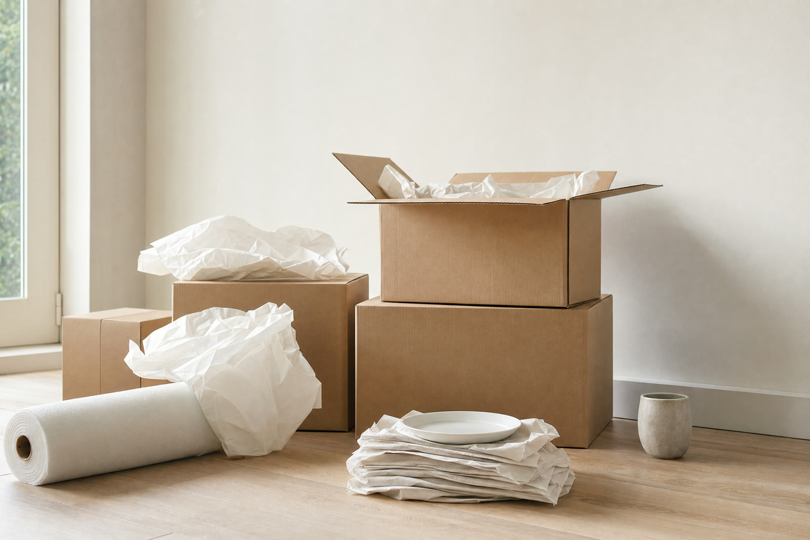 Labeled cardboard moving boxes stacked in a cleared room with a wooden floor